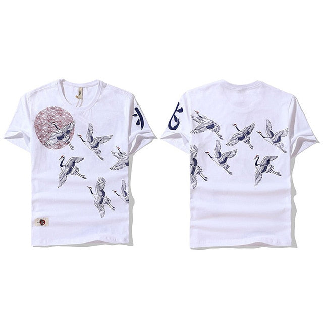 Japanese Streetwear T Shirt Crane Sun Print Mens Harajuku T-Shirt Summer Hip Hop Tshirt Cotton Short Sleeve Tops Tees Black
