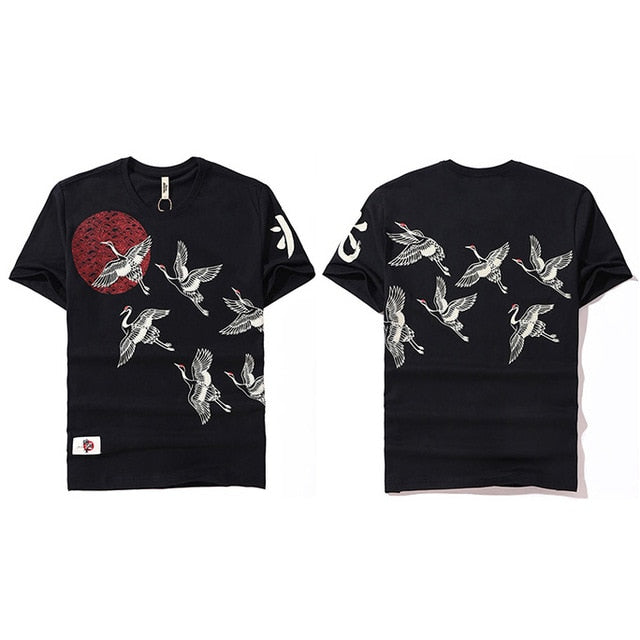 Japanese Streetwear T Shirt Crane Sun Print Mens Harajuku T-Shirt Summer Hip Hop Tshirt Cotton Short Sleeve Tops Tees Black