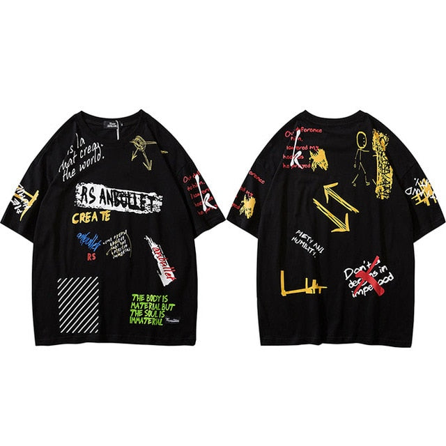 Men Hip Hop Graffiti T Shirt Harajuku Streetwear Tshirt Summer Short Sleeve Fashion Cotton Tops Tees New Skateboard T-Shirt