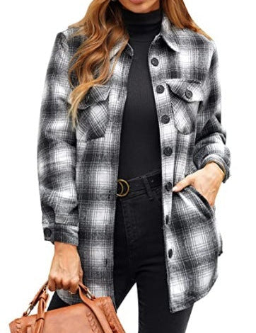 Women Oversized Check Button Shirt Jacket