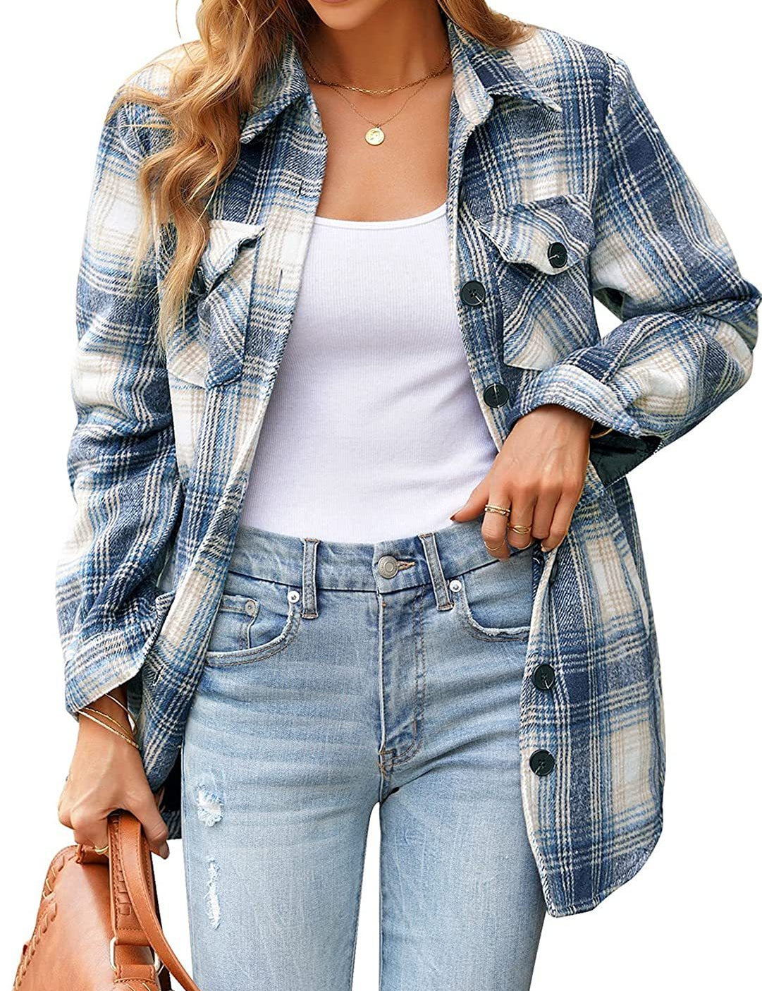 Women Oversized Check Button Shirt Jacket