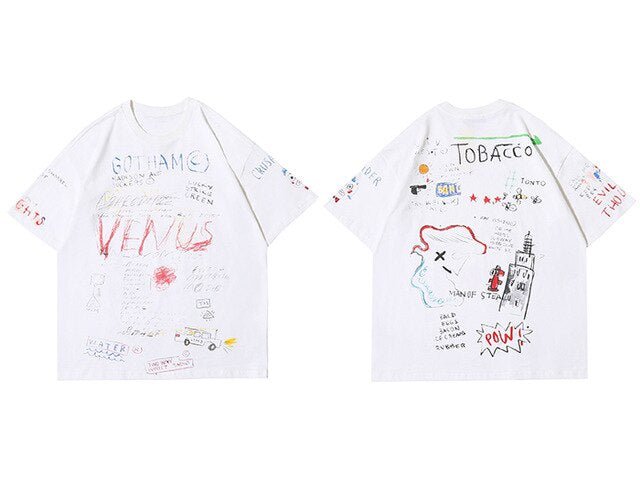 DARK Hip Hop Cartoon Letter Graffiti T Shirt Men Harajuku Streetwear Tops Tees Casual Cotton Short Sleeve tshirts
