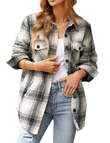 Women Oversized Check Button Shirt Jacket