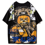 Hip Hop T Shirt Men Harajuku Streetwear Ferocious Bear Print Patchwork Tops Casual Cotton Short Sleeve Tees