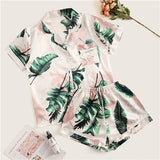 Tropical Print Satin Pajama Set Casual Sleep Wear Shorts Sets Short Sleeve Pocket Women Summer Pajama Set
