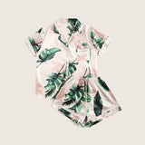 Tropical Print Satin Pajama Set Casual Sleep Wear Shorts Sets Short Sleeve Pocket Women Summer Pajama Set