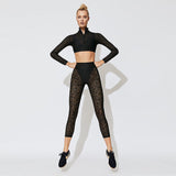 Women Leopard Lace Patchwork Yoga Fitnes Suit Sexy Sheer Mesh Long Sleeve Zipper Crop Top And Leggings Tracksuit Sports Outfits